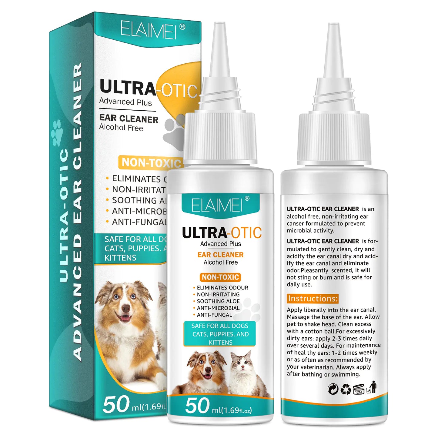 Elaimi Ultra-Otic ear cleaner packaging with two bottles on a white background