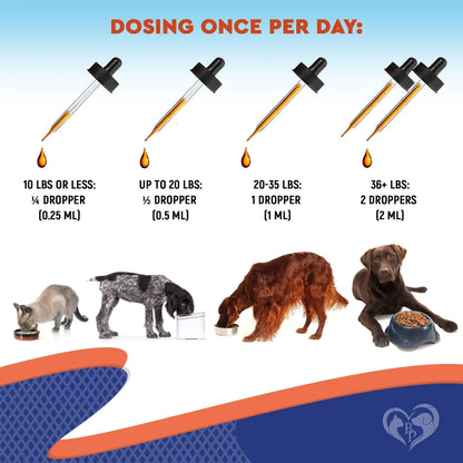 Dosing chart for pets with droppers and weight guidelines on a blue background