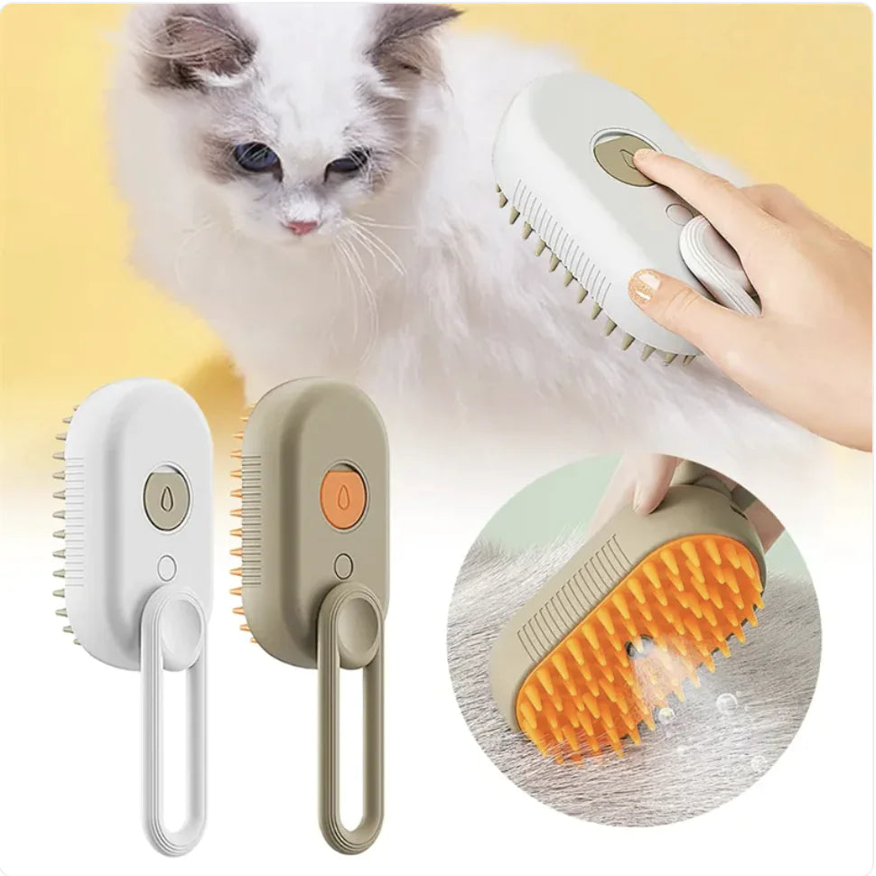 Cat being groomed with a grooming brush on a yellow background