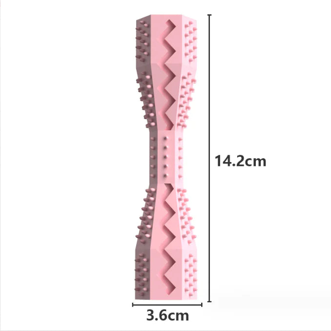 Pink pet toy with textured design and measurements on a white background