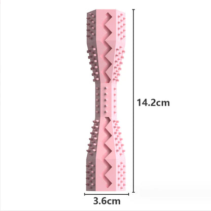 Pink pet toy with textured design and measurements on a white background