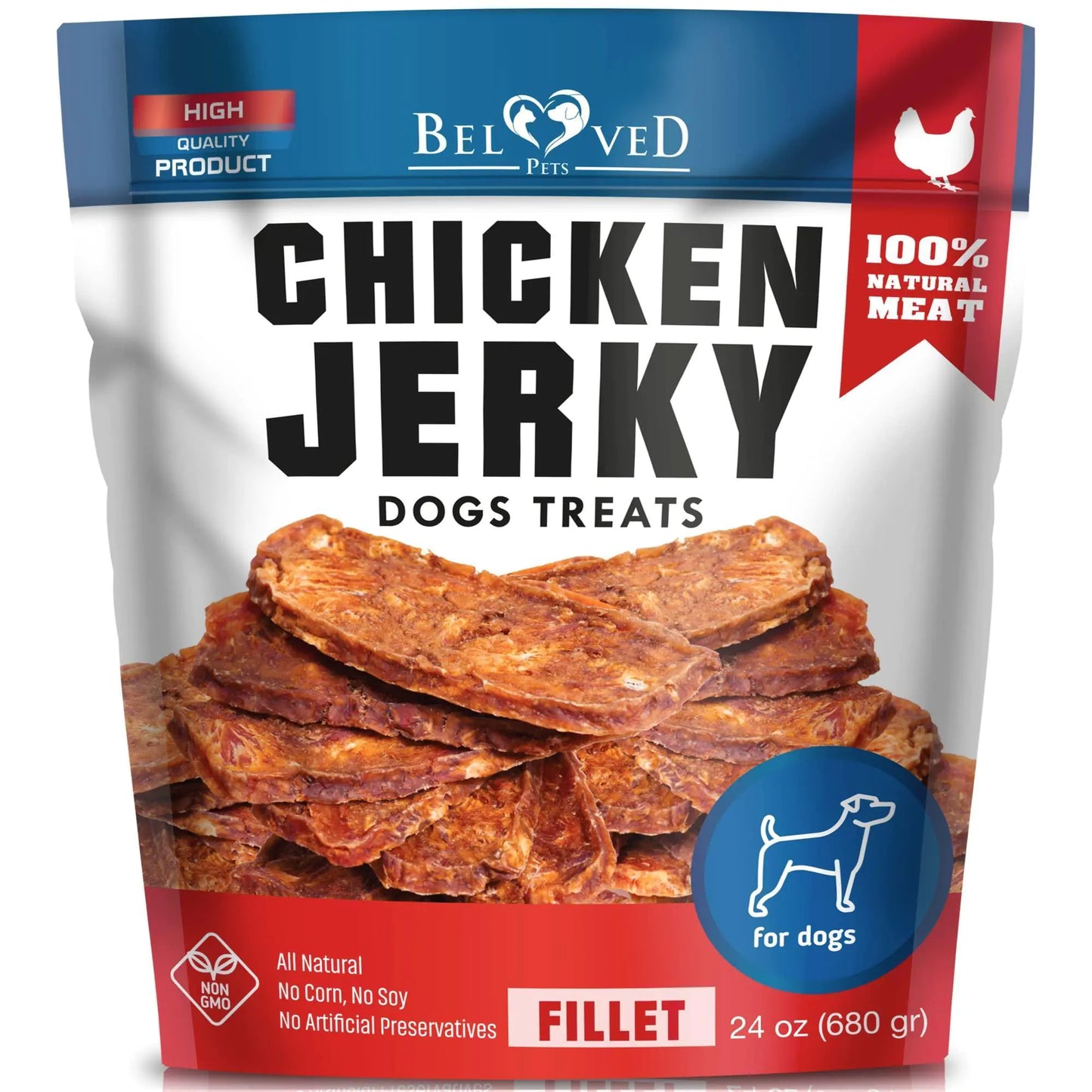 Package of Beloved Pets Chicken Jerky dog treats on a white background