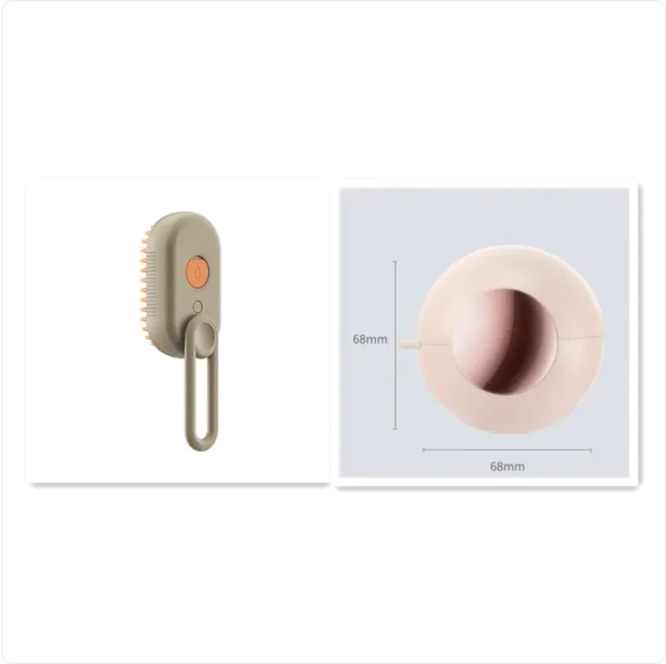 Beige grooming brush and pink pet toy with measurement details on a white background