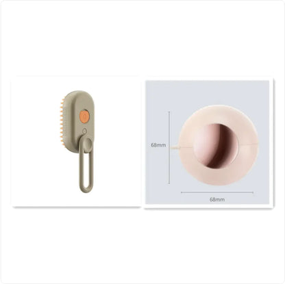 Beige grooming brush and pink pet toy with measurement details on a white background