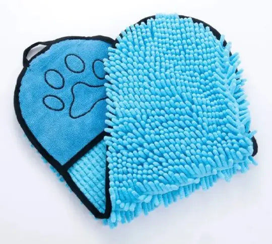 Blue chenille cleaning mitt with paw print design on a white background