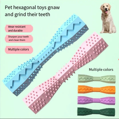 Pet hexagonal toys for gnawing and grinding teeth with a dog illustration and color options on a light green background.
