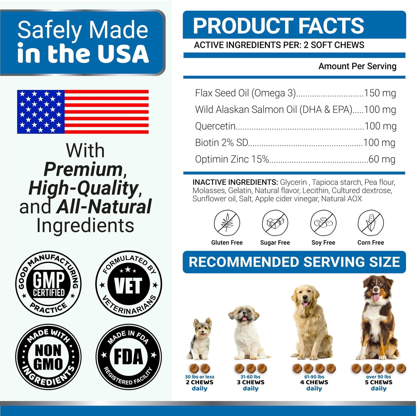 Product label for dog chews with safety, quality, and usage information.