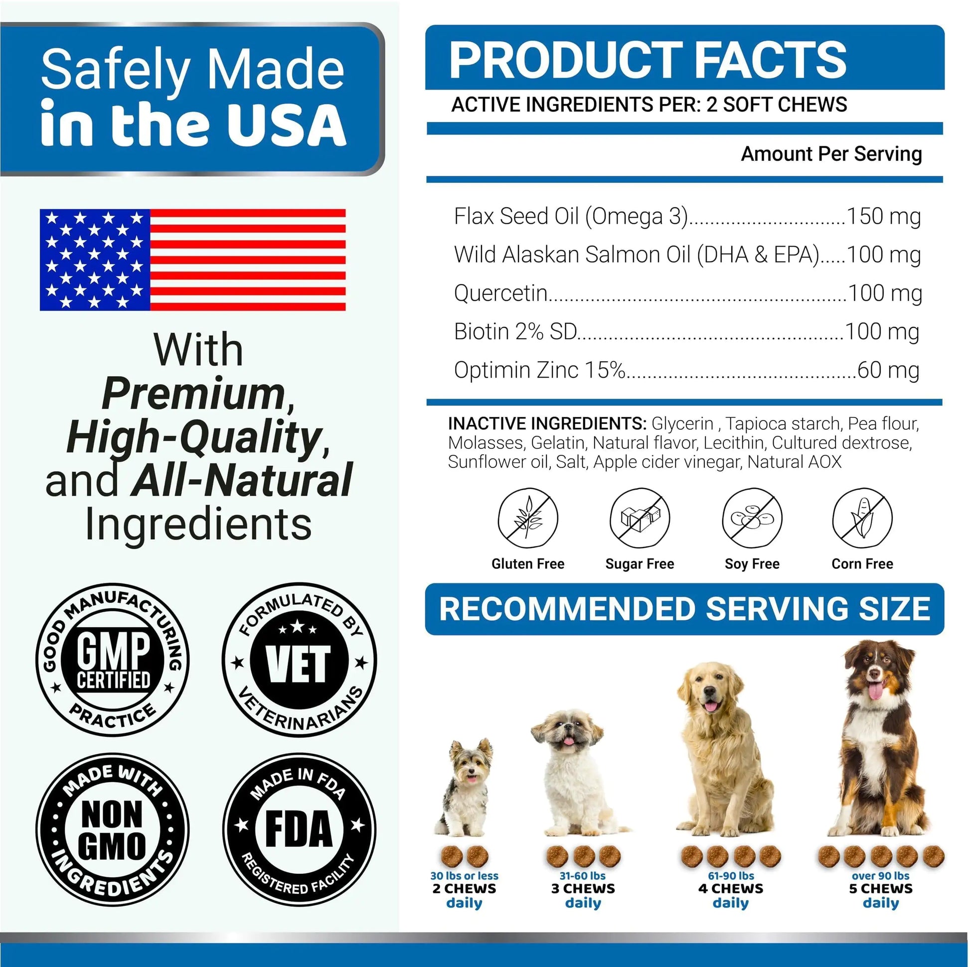 Product label for dog chews with safety, quality, and usage information.