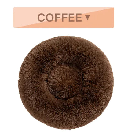 Brown fluffy donut-shaped pet bed with 'COFFEE' label on a white background