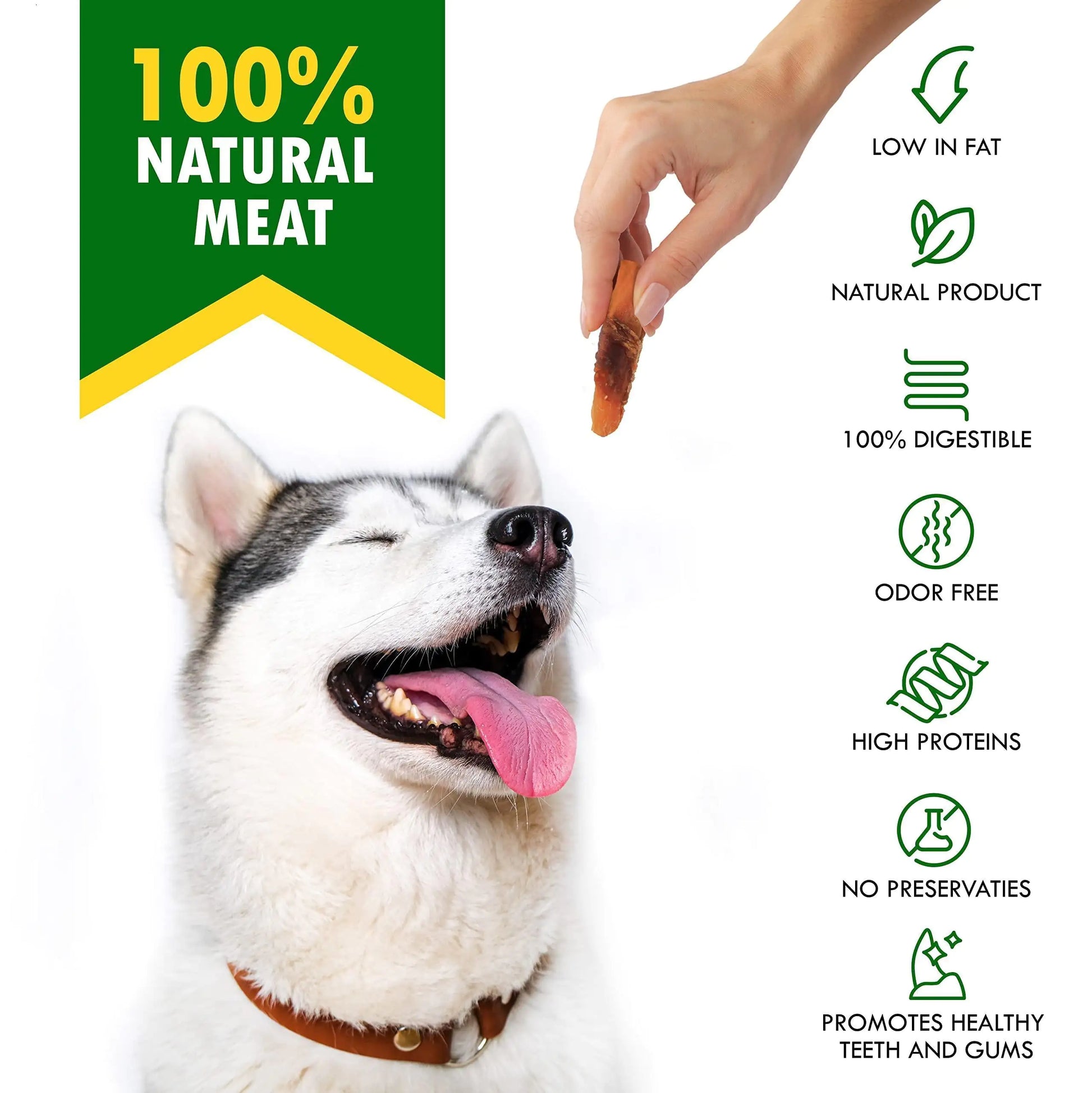 Dog enjoying a treat with product features listed on the right, including '100% Natural Meat' and health benefits.