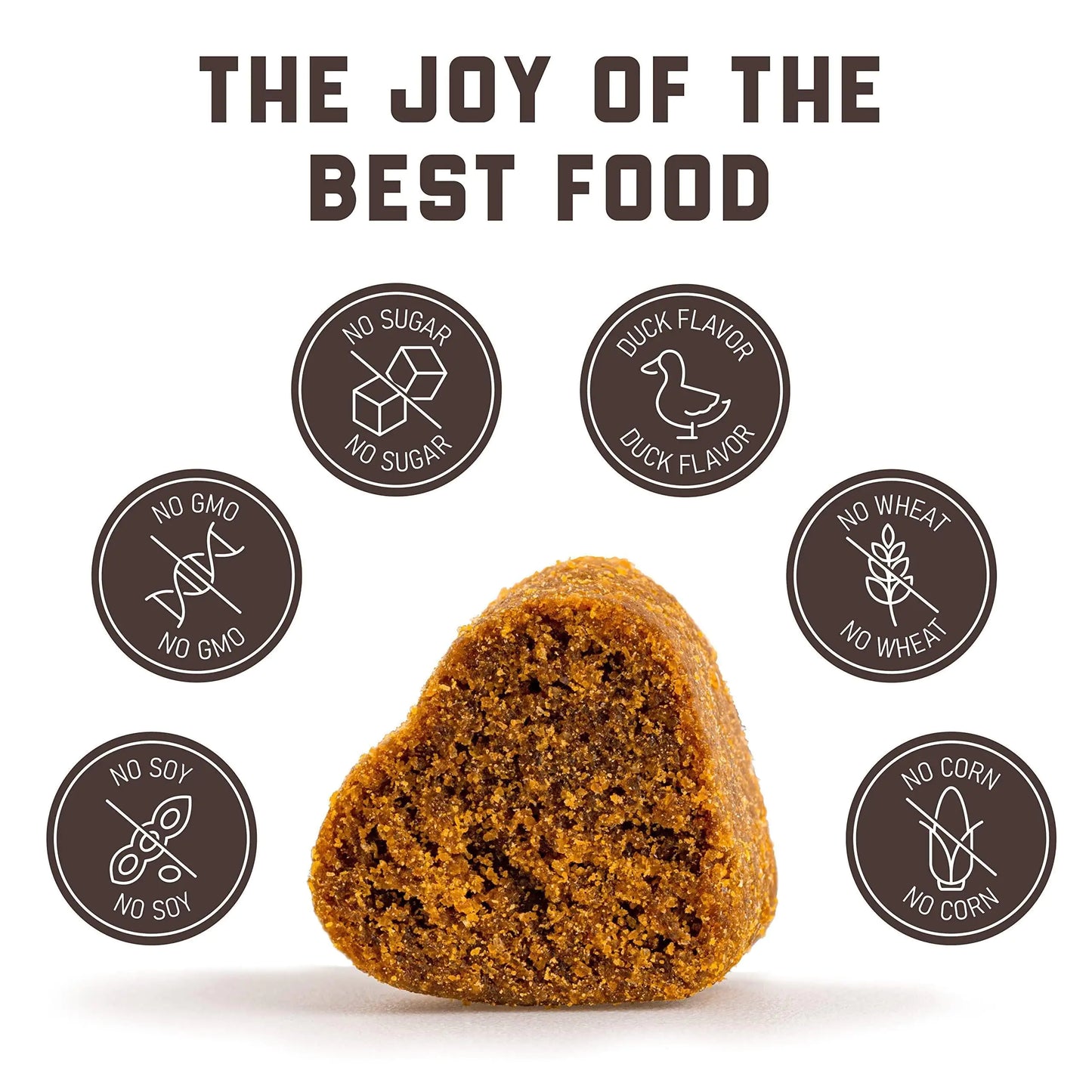 Dog treat with 'The Joy of the Best Food' text and ingredient certification icons on a white background