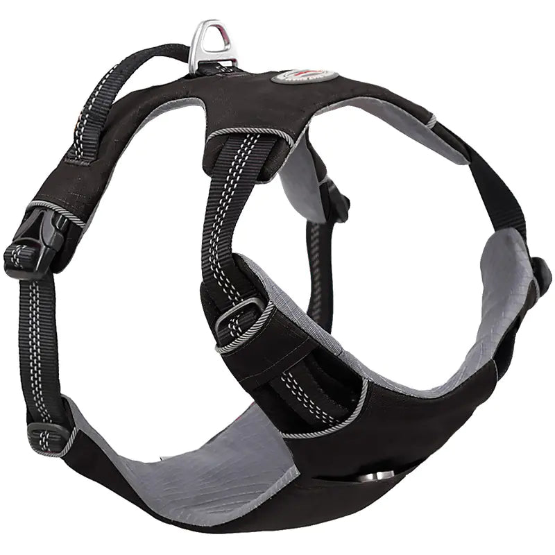 Black and gray dog harness on a white background