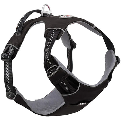 Black and gray dog harness on a white background