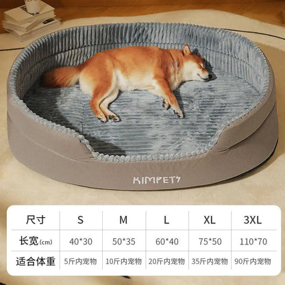 Dog lying on a gray pet bed with KIMPET branding, on a wooden floor.