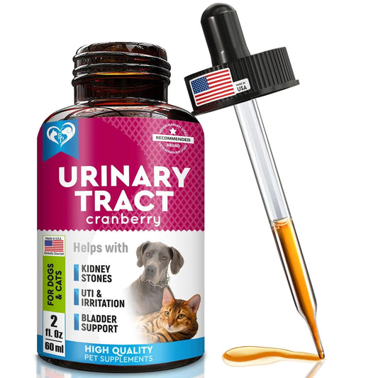 Pet supplement bottle with dropper labeled 'Urinary Tract Cranberry' for dogs and cats on a white background.