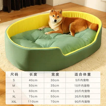 Dog lying on a green and yellow pet bed with size chart below