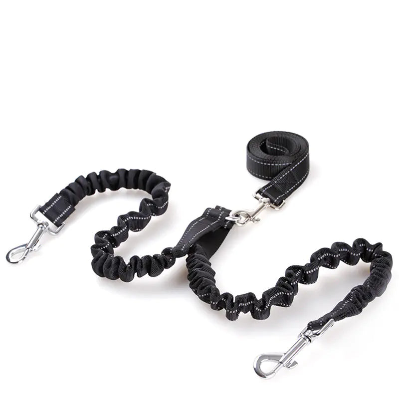 Black dog leash with handle and reflective strip on a white background