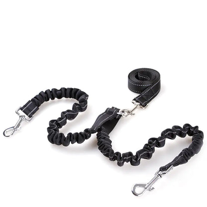 Black dog leash with handle and reflective strip on a white background