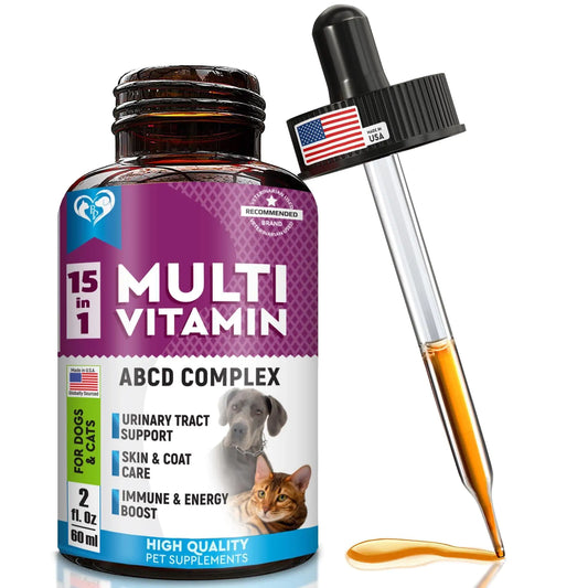 Pet supplement bottle with dropper labeled '15 in 1 Multi Vitamin ABCD Complex' on a white background.