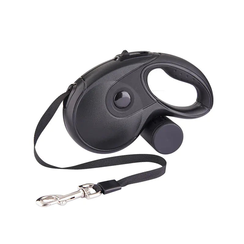 Black retractable dog leash with handle on a white background