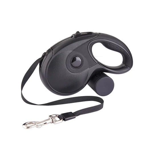 Black retractable dog leash with handle on a white background