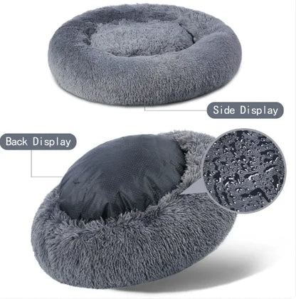 Gray plush pet bed shown from side, back, and top views on a white background.