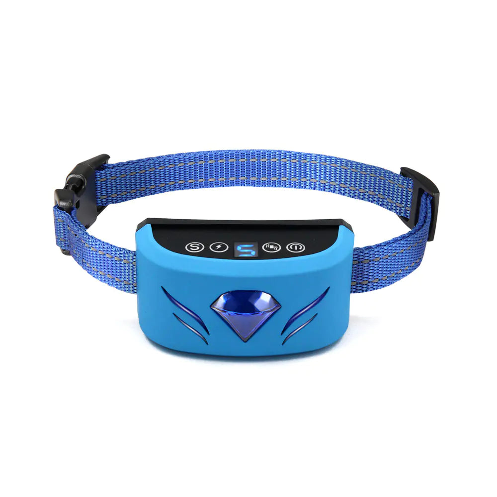 Blue electronic dog collar with digital display on a white background