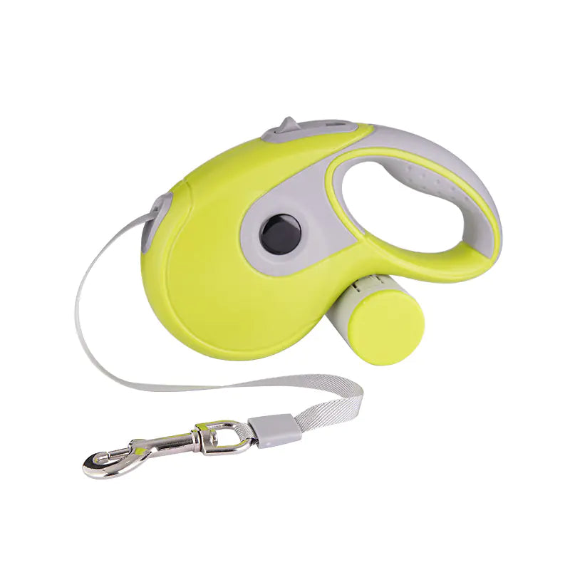 Retractable dog leash with a bright green handle on a white background