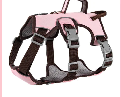 Pink dog harness with brown straps on a white background