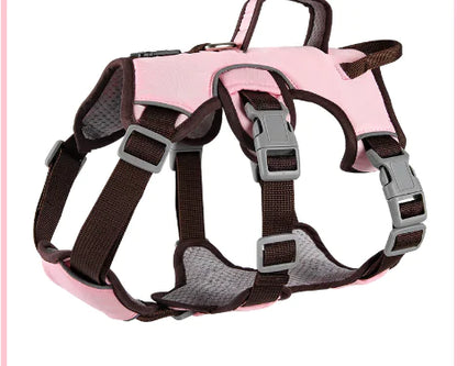 Pink dog harness with brown straps on a white background