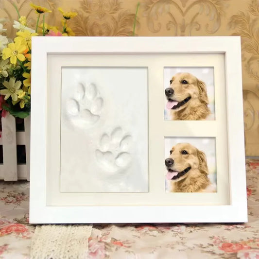 White photo frame with pet prints and images on a decorative background