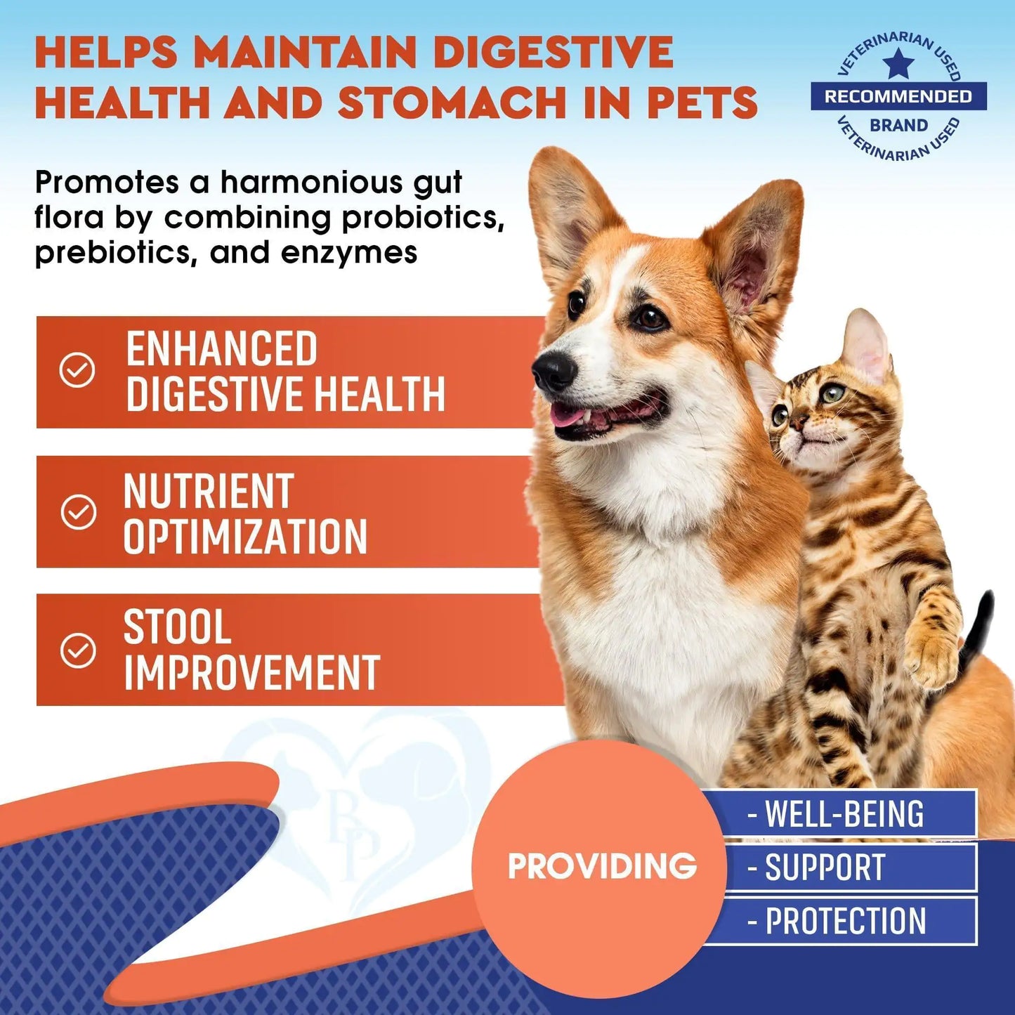 Advertisement for a pet supplement with a dog and cat, highlighting digestive health benefits.