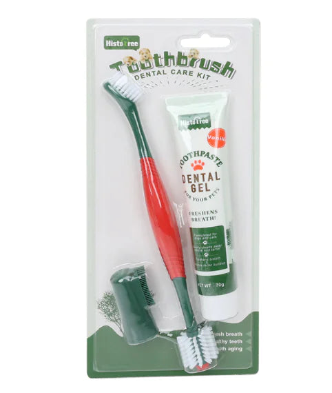 Pet toothbrush and dental gel set in packaging on a white background