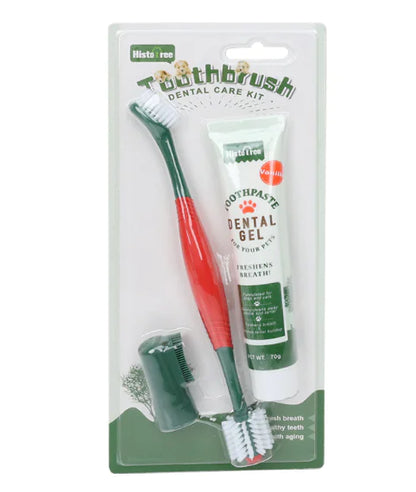 Pet toothbrush and dental gel set in packaging on a white background