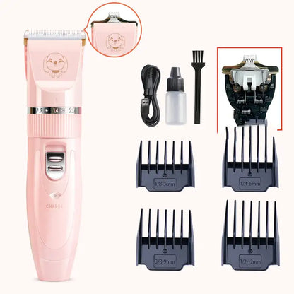 Pink hair trimmer set with attachments and accessories on a white background