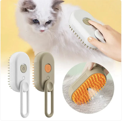 Pet grooming brush set with a cat and a hand using one of the brushes on a yellow background.