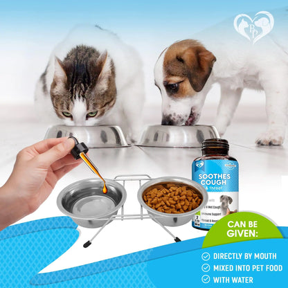 Pet bowls with a hand holding a dropper, a bottle of pet supplement, and text about the product's uses.