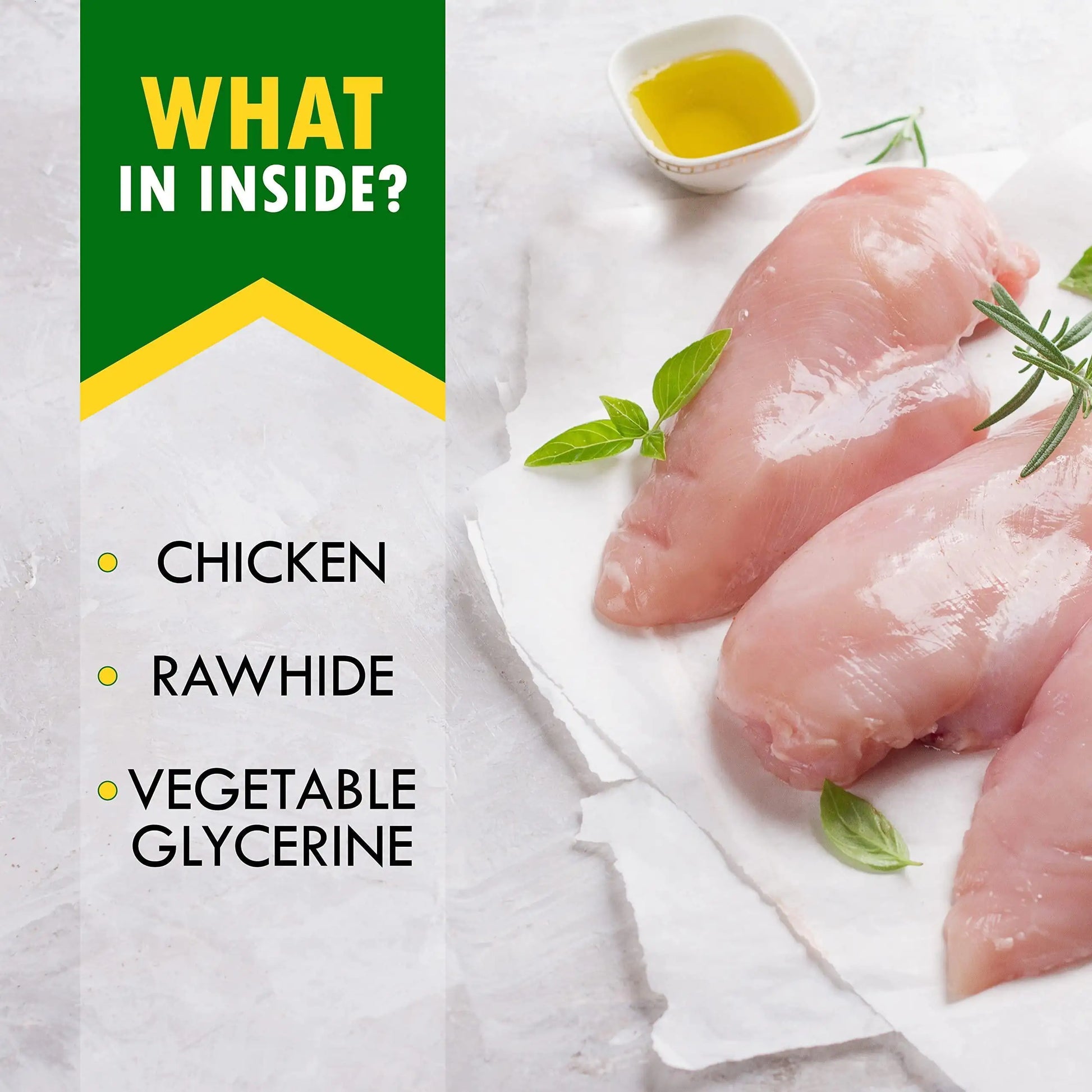 Raw chicken breasts with a list of ingredients on a white background