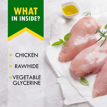 Raw chicken breasts with a list of ingredients on a white background