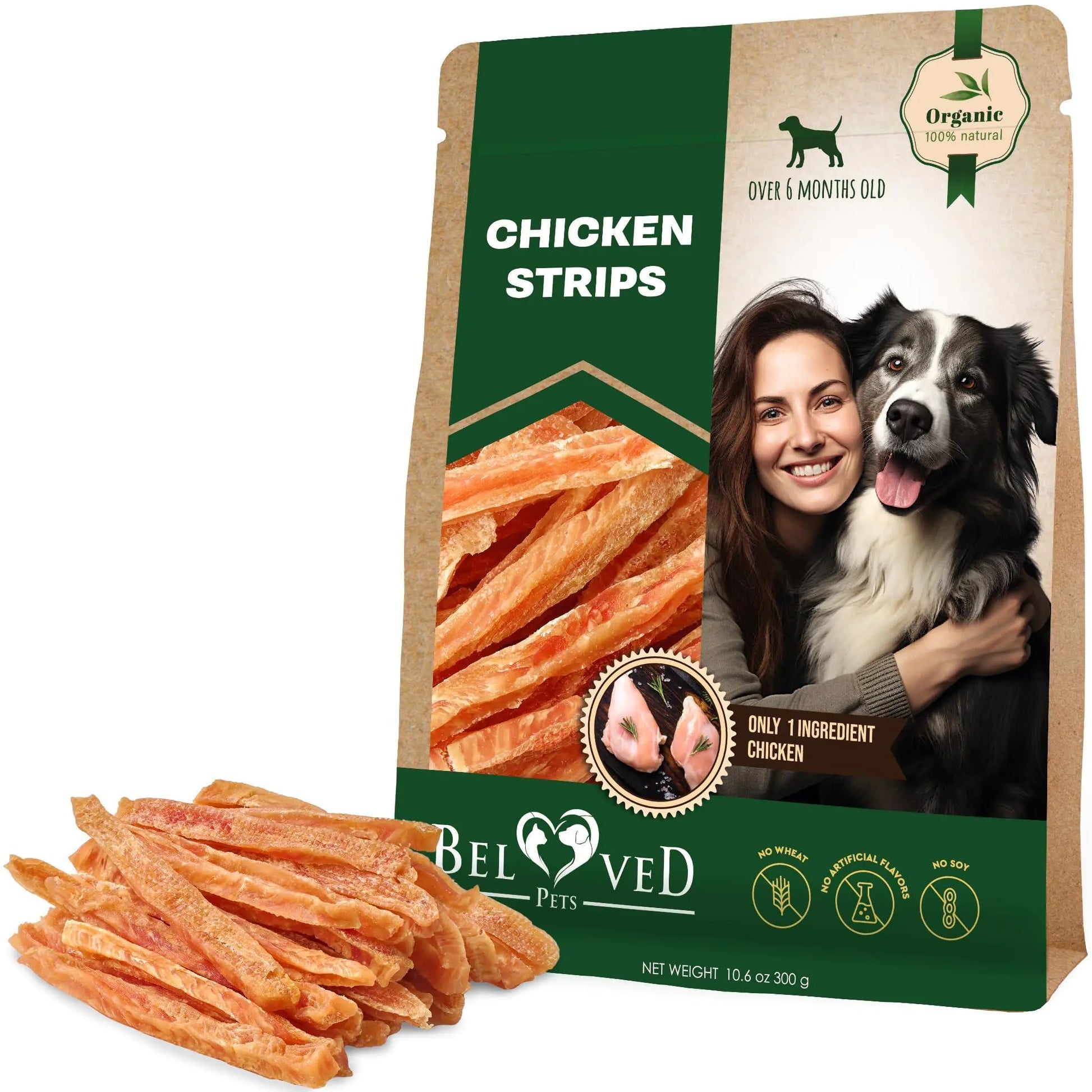 Package of Beloved Pets Chicken Strips for dogs with a woman and dog on the label.