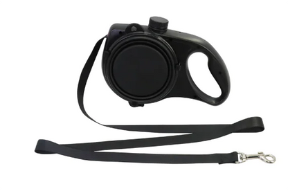 Black retractable dog leash on a white background