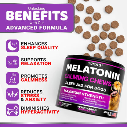 Yuma's Melatonin Calming Chews for dogs with benefits listed on a white background
