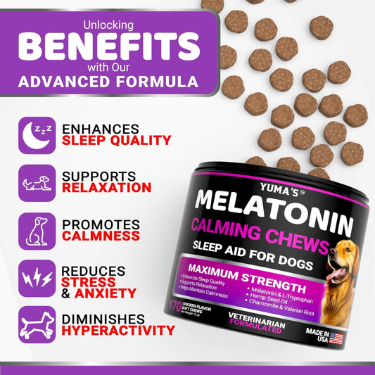 Yuma's Melatonin Calming Chews for dogs with benefits listed on a white background