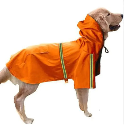 Dog wearing an orange raincoat on a white background