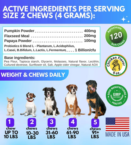 Dog chew product label with active ingredients, weight recommendations, and branding details.