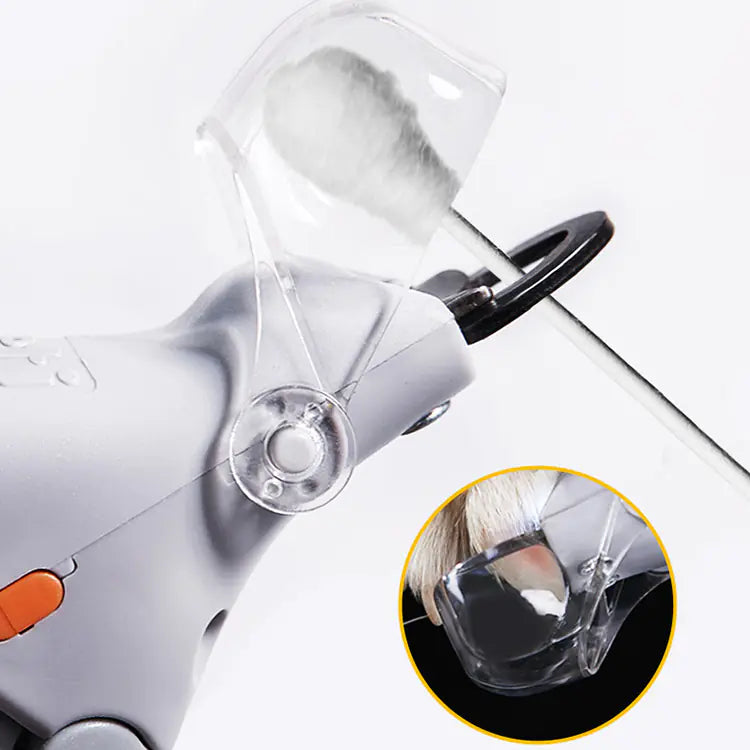 Close-up of a hair dryer with a transparent nozzle attachment on a white background.