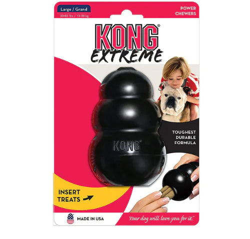 Kong Extreme dog toy packaging with a black toy and text on a white background