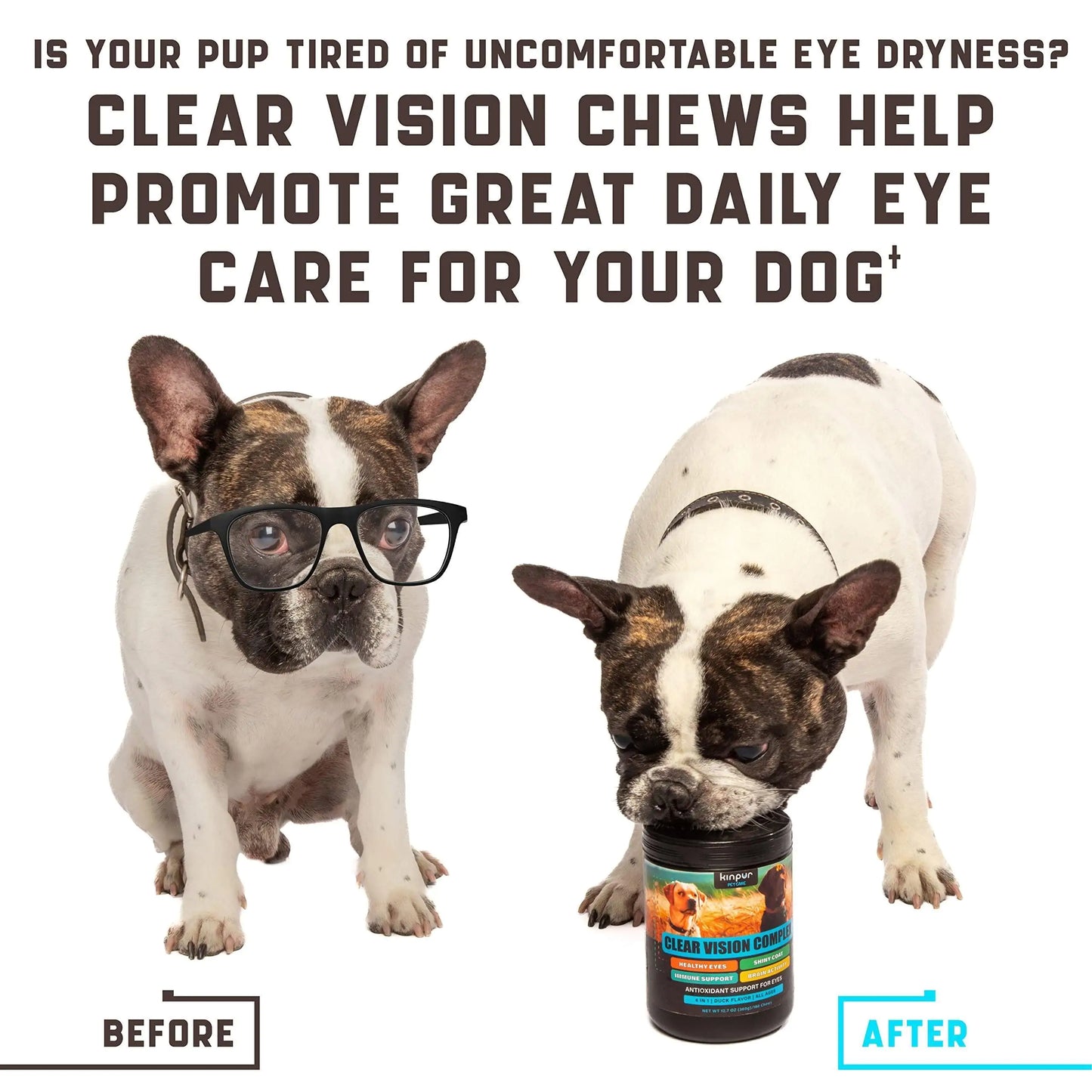 Two dogs with eye care product, text about clear vision chews for eye dryness.