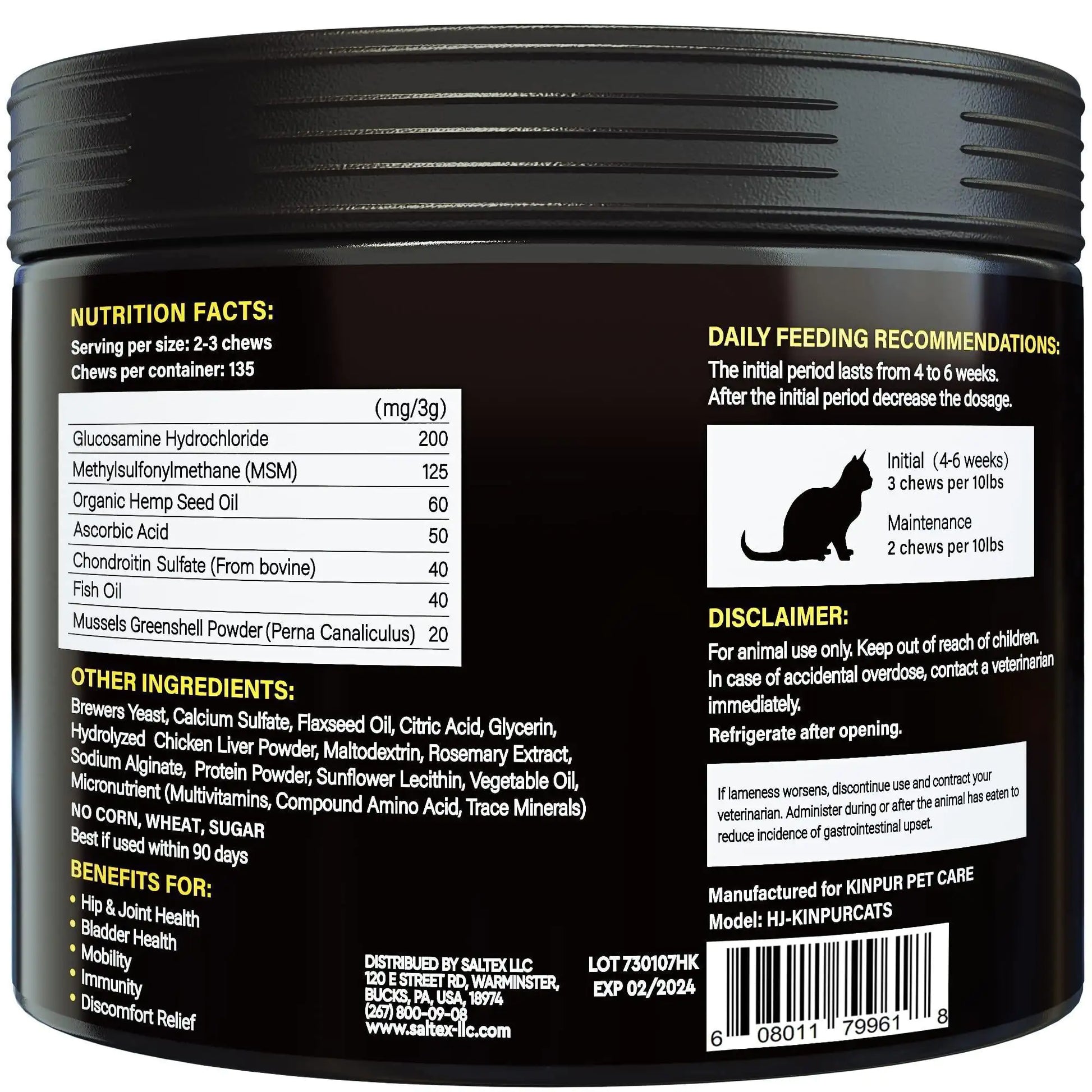 Back view of a black supplement container with nutritional information and labels.
