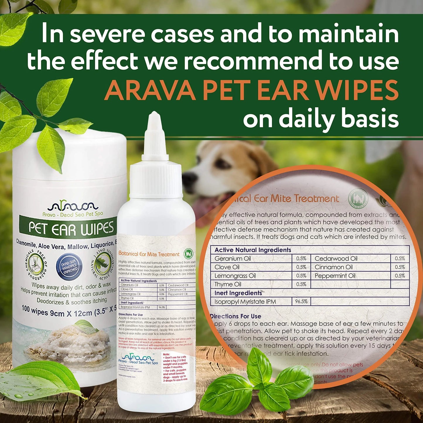 ARAVA PET EAR WIPES packaging with a dog in the background and text about usage.